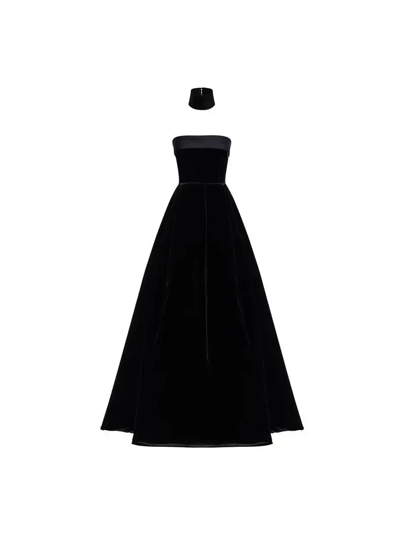Ele Long Velvet Evening Dr Bla Strapl Gown for Par Performance Slimming Sle Faionable mid Waist a Line Skirt