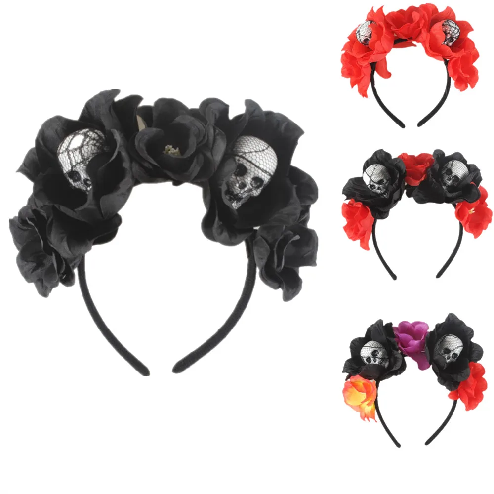 

Halloween Headband Women Girls Day Of The Dead Rose Flowers Foam Skull Horror Headdress Hairband Party Cosplay Hair Accessories