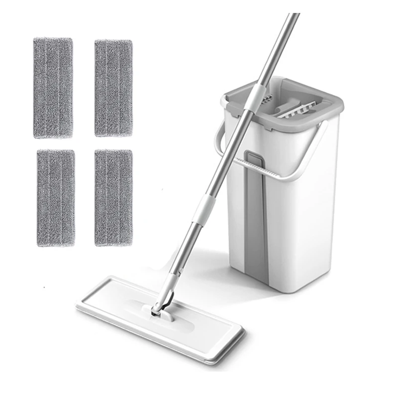 

Flat Squeeze Mop with Bucket Floor Mops Hand Free Wringing Magic Cleaning Mop Microfiber Pads Wet or Dry Wash Usage Household