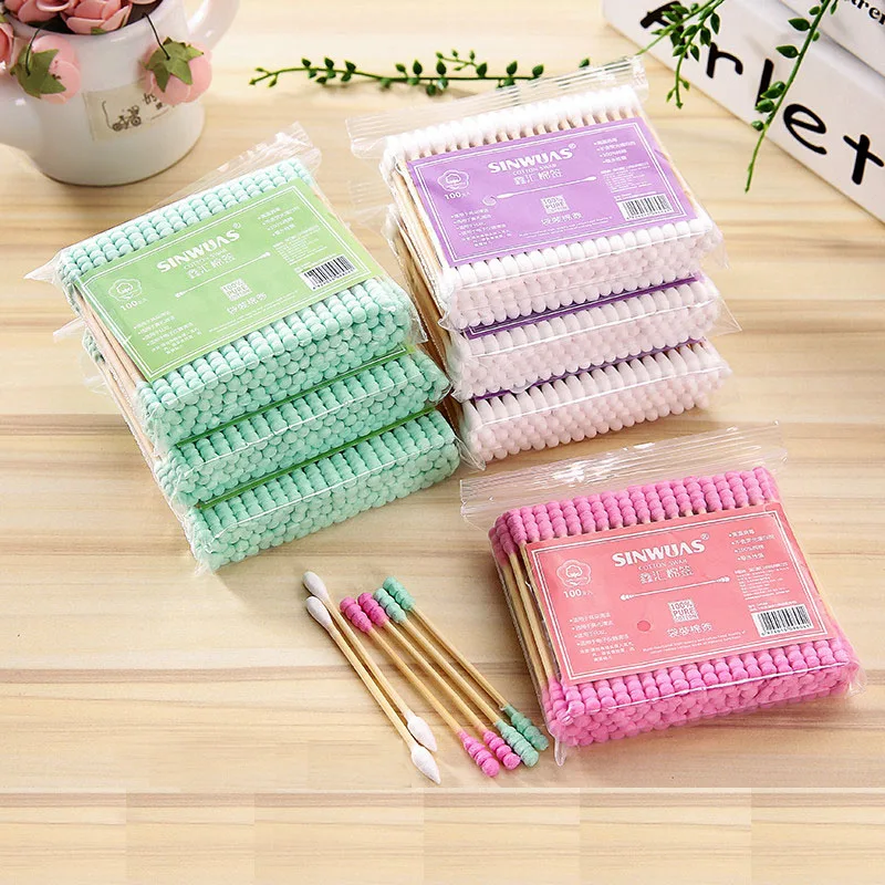 

100 pieces/pack of colored double ended cotton swabs for women's makeup removal, medical nose and ear cleaning cotton swabs