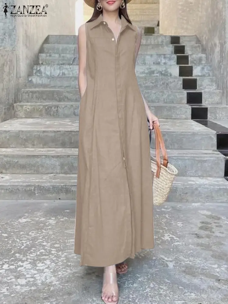

2024 ZANZEA Summer Elegant Casual Solid A-line Dress Stylish Party Work Vestido Sarafans Fashion Lapel Neck Sleeveless Sundress