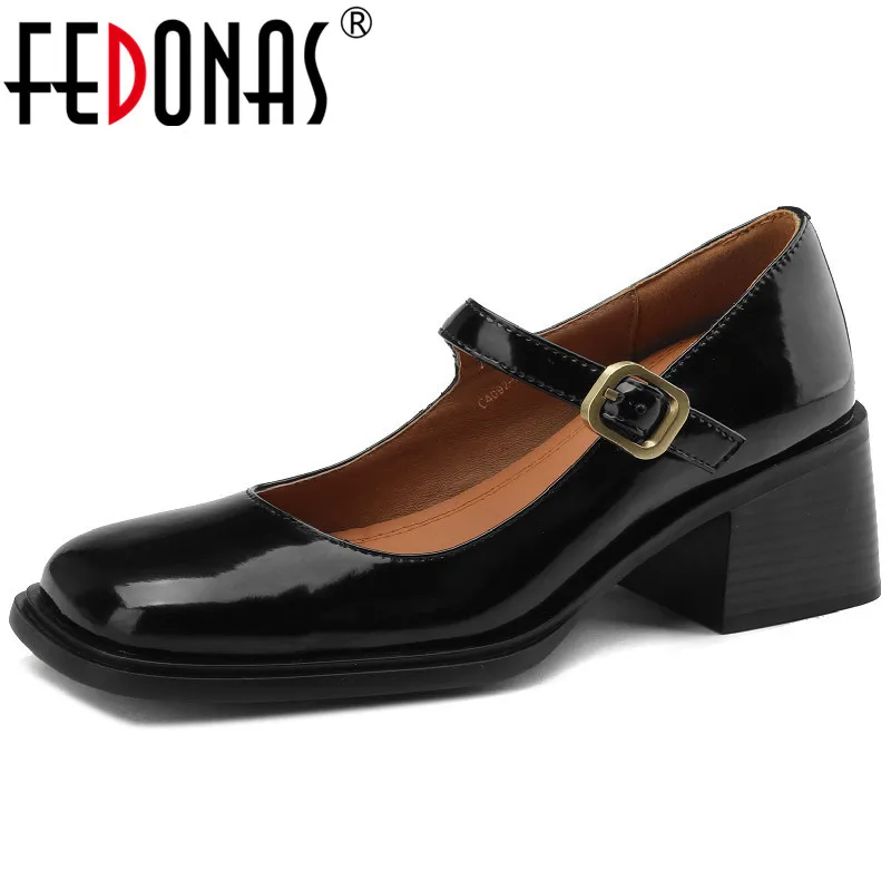 

FEDONAS Women Pumps Spring Summer Vintage Concise Office Casual Genuine Leather Square Toe Thick Heels Mary Janes Shoes Woman