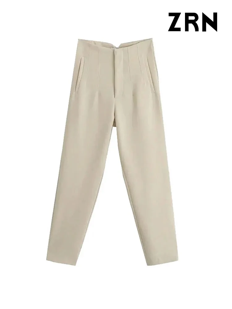 ZRN Women Chic Fashion With Seam Detail Office Wear Pants Vintage High Waist Zipper Fly Female Ankle Trousers Mujer