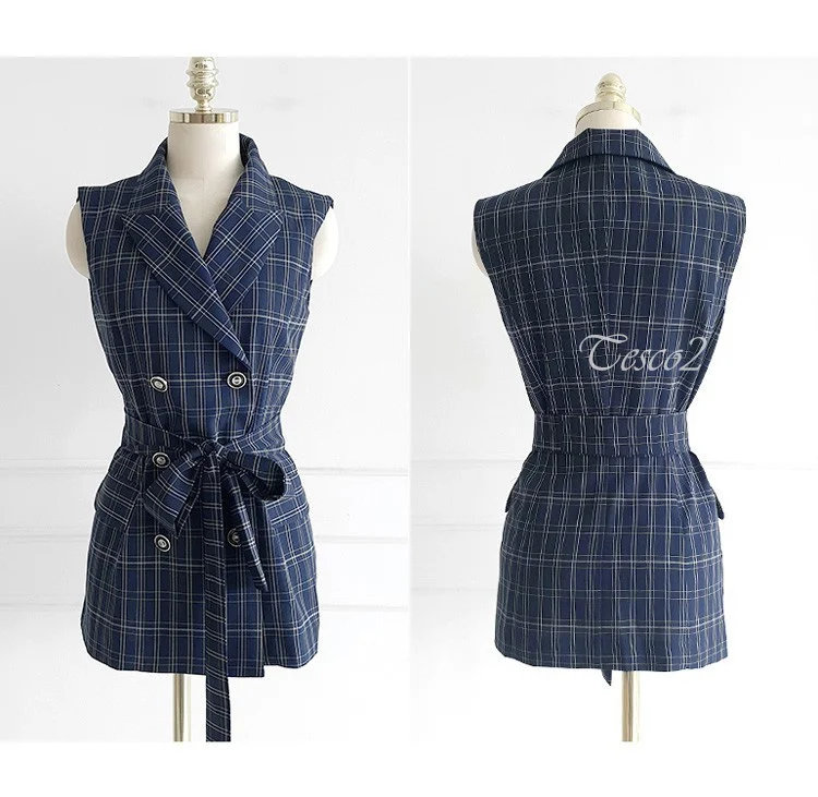 Tesco Office Work Suit Sets For Women 2 Piece Sleeveless Blazer Vest With Lace-up Slim Fit Plaid Pantsuit For Women Summer 2024