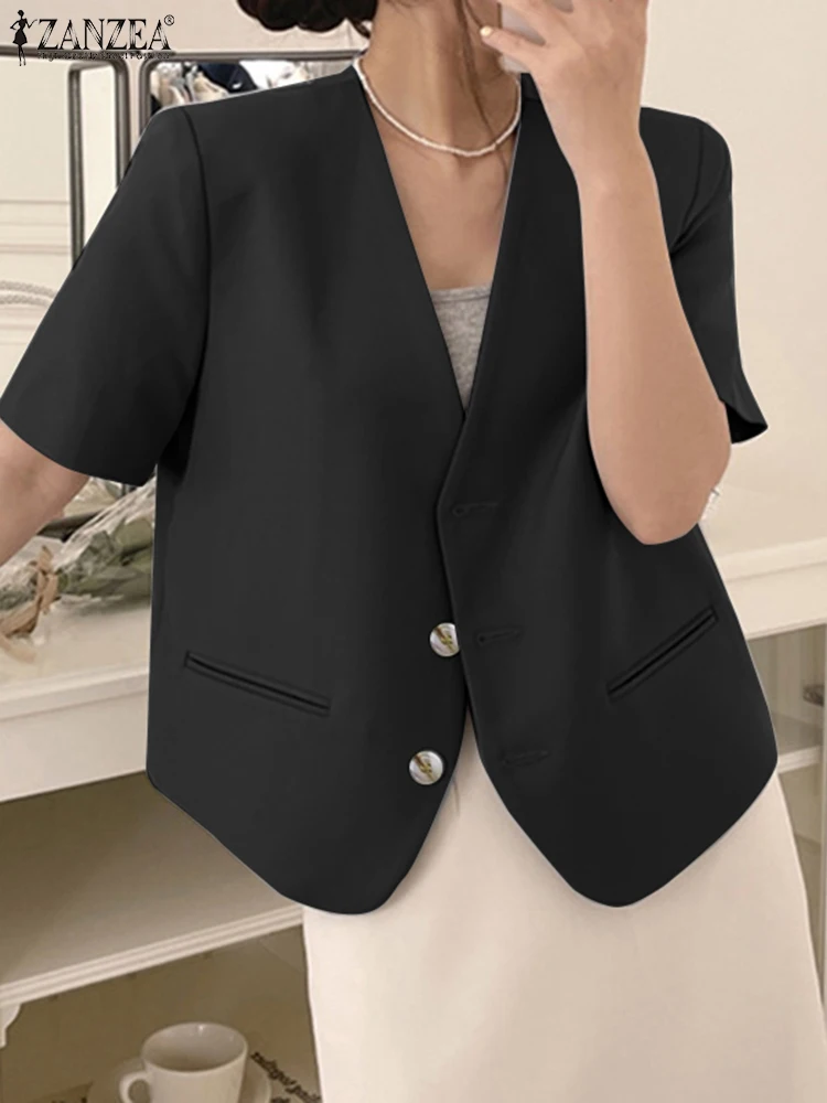 

ZANZEA Office Wear 2023 Spring Summer Suit Jackets Women Korean Fashion V-neck Buttons Blazer Solid Short Sleeve Leisure Suits