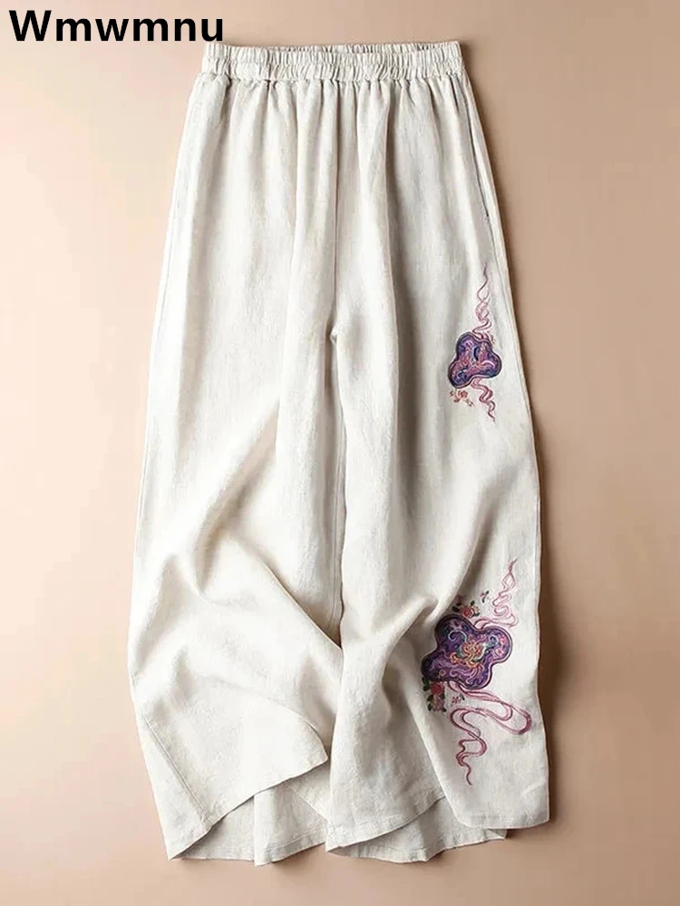 

Vintage Embroided Wide Leg Pants Women Casual Cotton Linen Summer Baggy Ankle Length Pantalones High Waist Straight Sweatpants