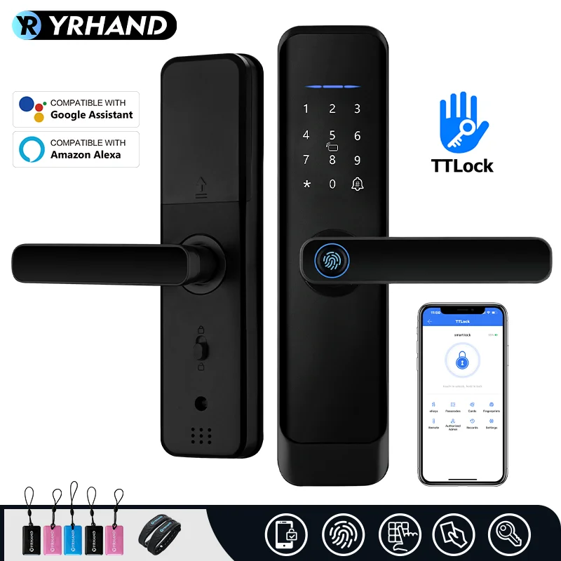 YRHAND-Matt-Black-Fingerprint-Door-Lock-TTLock-App-Code-Card-Key-Smart ...