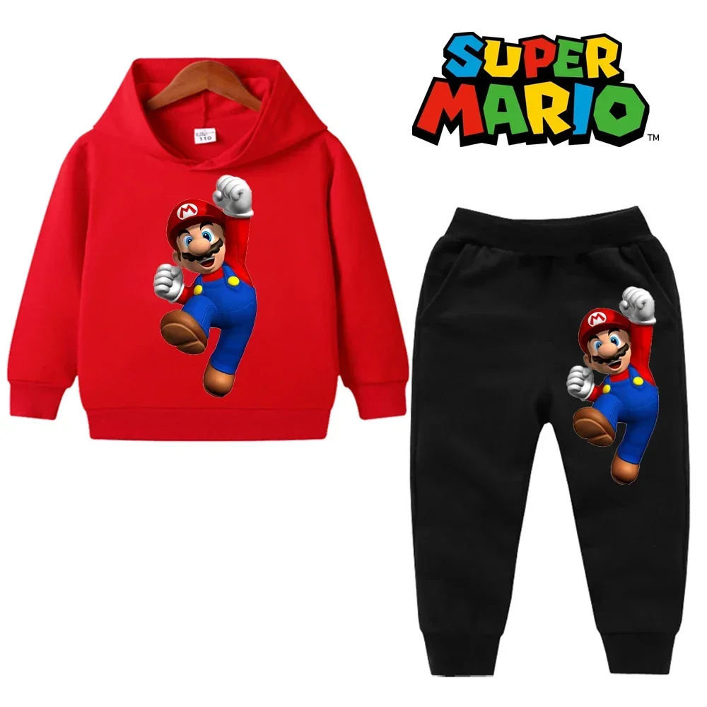 Kids Mario Bros hoodie and pants sportswear set, spring/autumn outfit for boys and girls, fun gaming-themed children’s clothing ages 2–14. red black