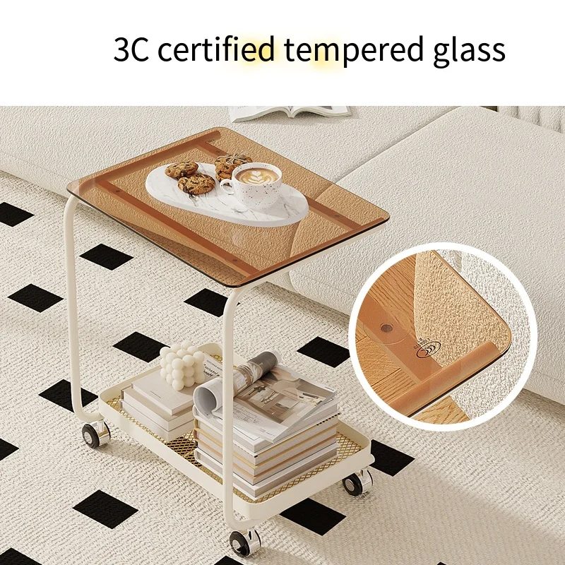Modern Cream Marble Side Table C-Shaped Edge Small-Sized Movable Coffee Table Simple Bedside Furniture with Metal Base
