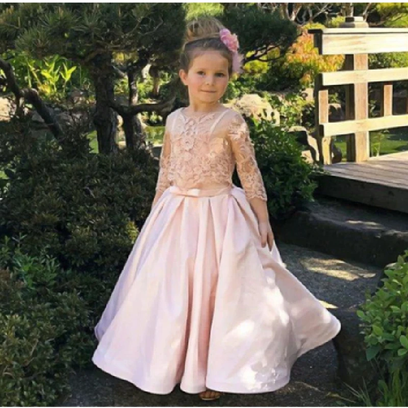 

Simple Flower Girls Dress For Wedding Evening Children Three-quarter Sleeve Princess Party Pageant Long Gown Kids Dresses For