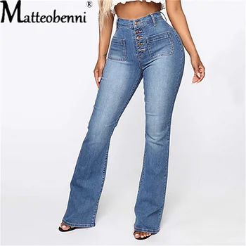2022 Fashion Sexy High Waist Elastic Jeans Women Button Washed Denim Pants Femme Pocket Trouser Bootcut Straight Leg Jeans Mujer 1