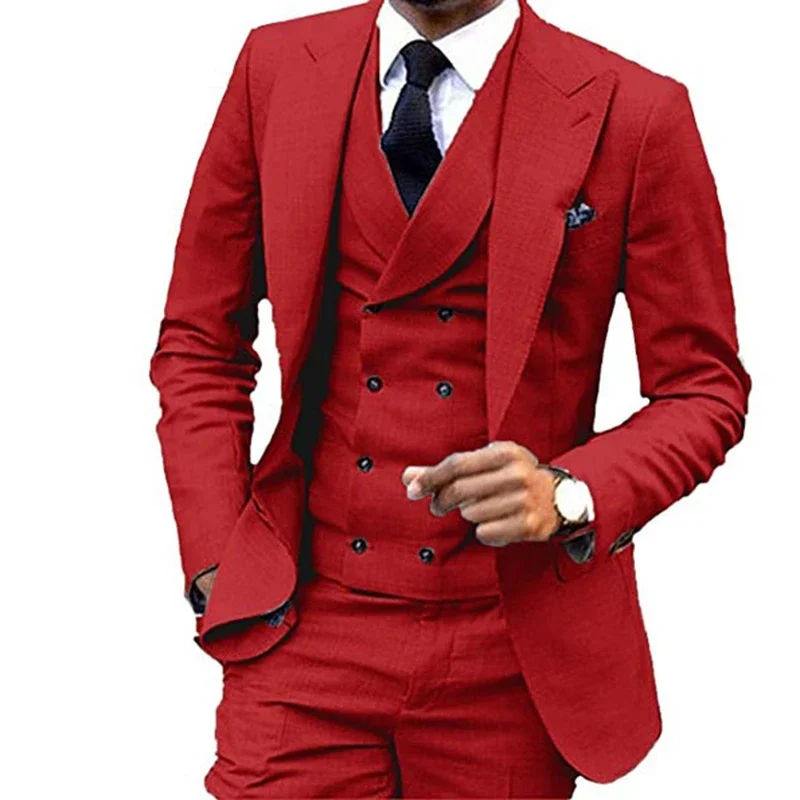Men Suit One Button Lapel Double Breasted Slim 3 Piece Fit Casual Business Dress Suits For Wedding Tuxedo Coat Vest With Pants