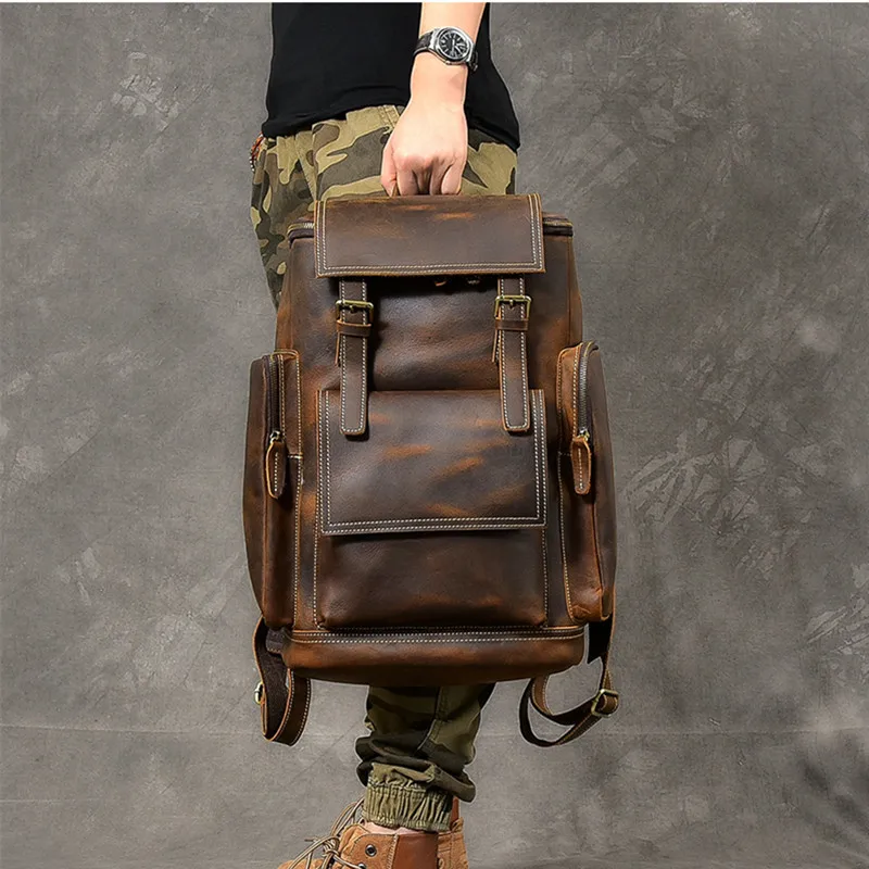 Crazy Horse Leather Men's Backpack male computer bag Large Capacity 15.6 inch laptop bags genuine leather Travel Backpacks
