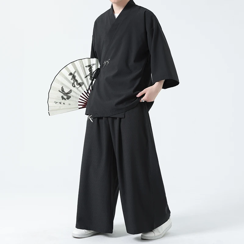 Mens Sets 3/4 Sleeved Cardigan Wide Leg Pants Male Suit 2 Pieces Japanese Style Plus Size M-5XL