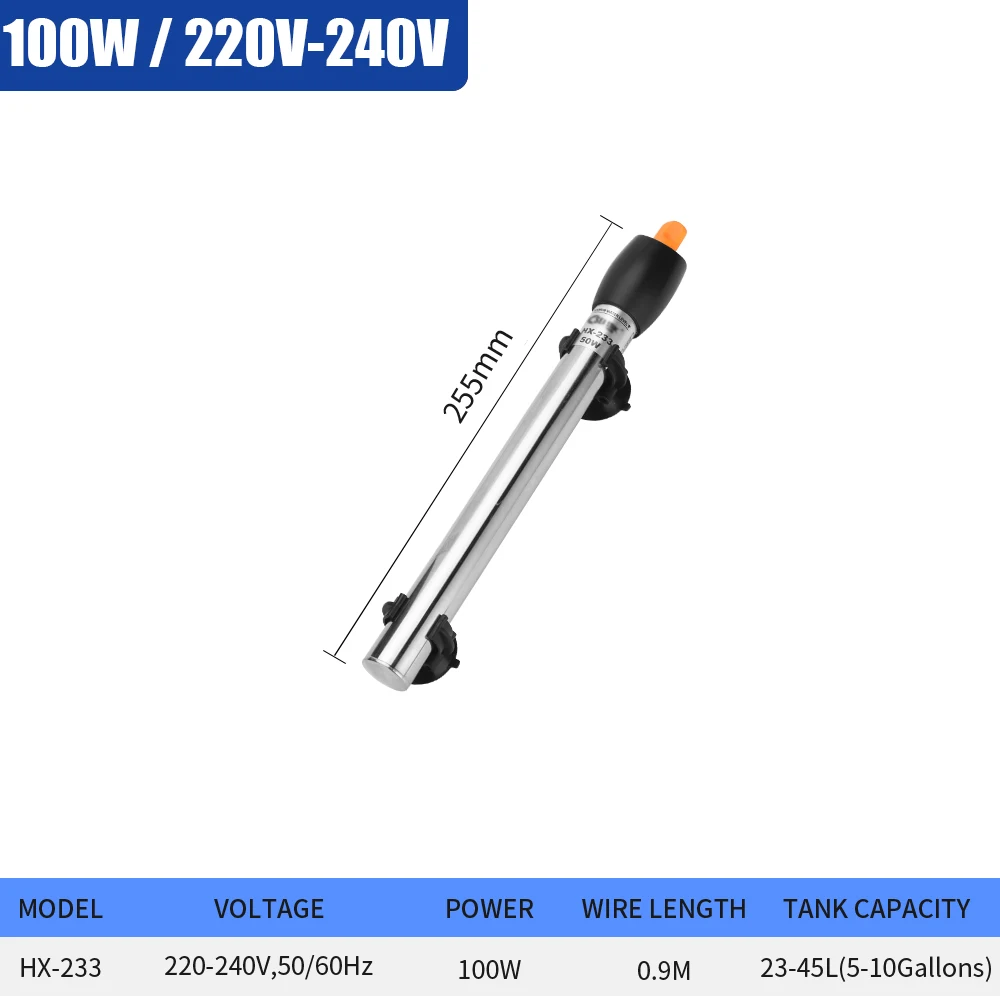 Stainless Steel Aquarium Heater Adjustable Submersible Thermostat heating rod 220-240V For Fish Tank 50W/100W/200W/300W/500W 