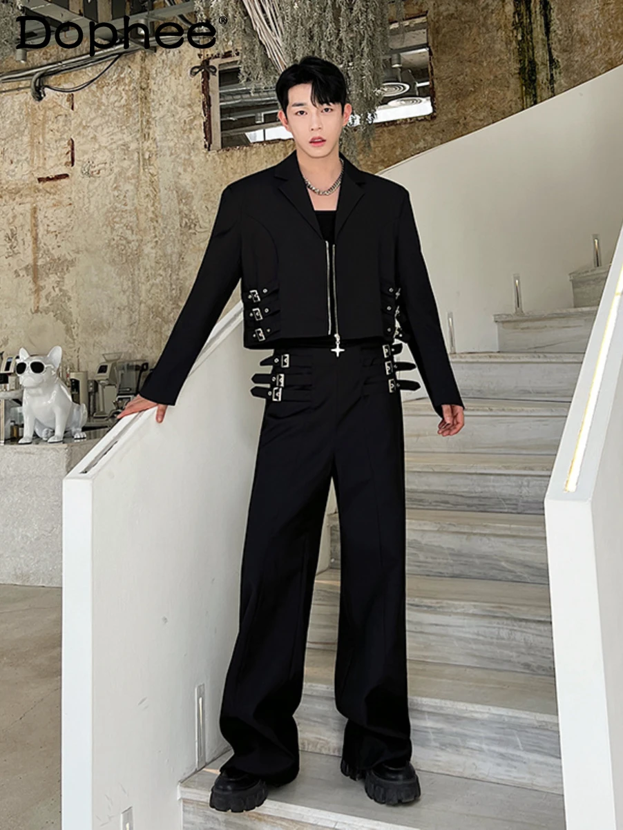 

Fashionable Men's Suits Cool High-End Handsome All-Match Youth Suits Long Sleeve Comfort Solid Color Tops Male Wide-Leg Pants