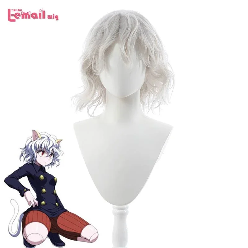 L-email wig Synthetic Hair Hunter x Hunter Neferpitou Cosplay Wig Neferpitou Sliver White Short Curly Heat Resistant Women Wigs