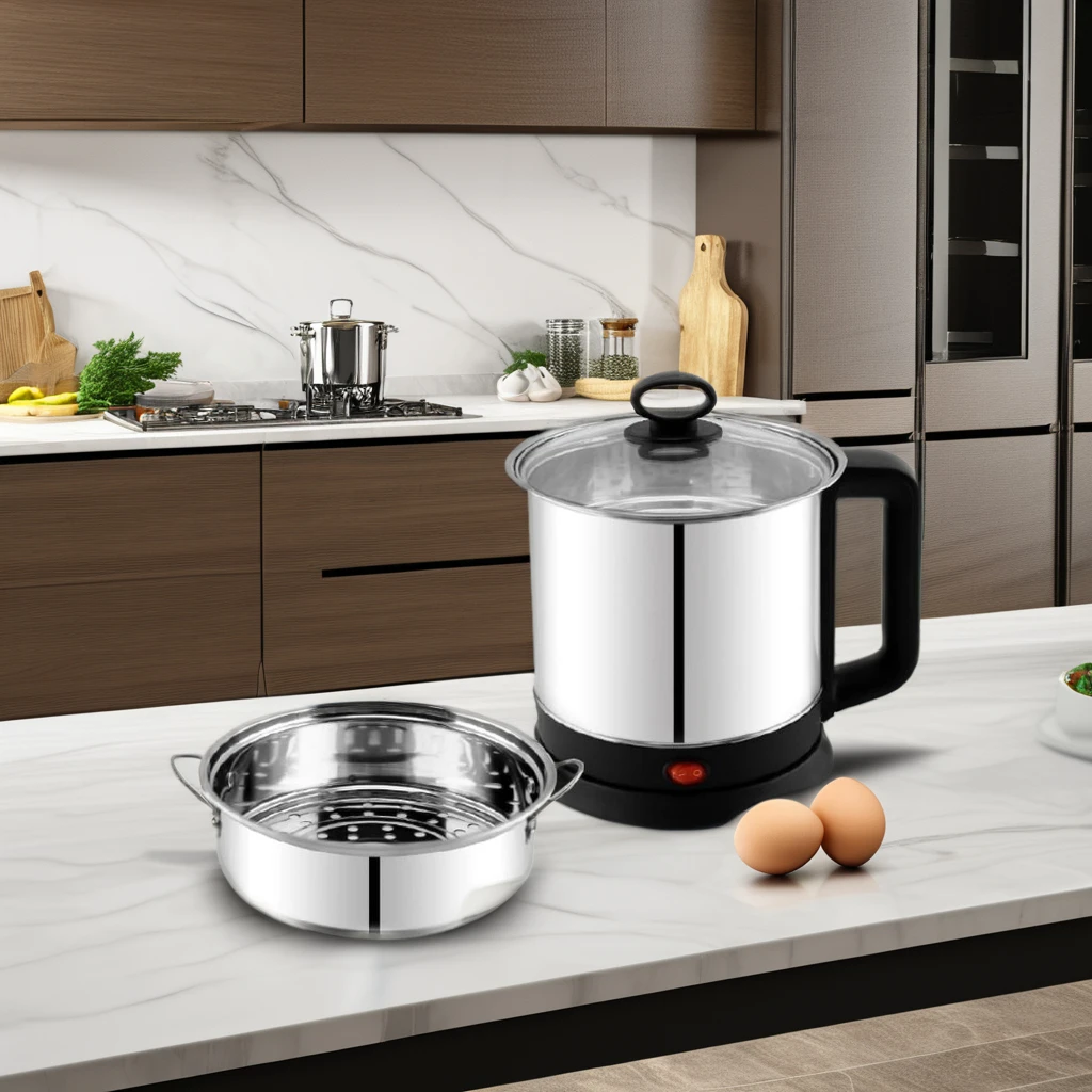 Stainless Steel Multi-Cooker Kettle with Steamer Bowl 6 Eggs Stand & Glass Lid Household Use SS Rim for Boiling