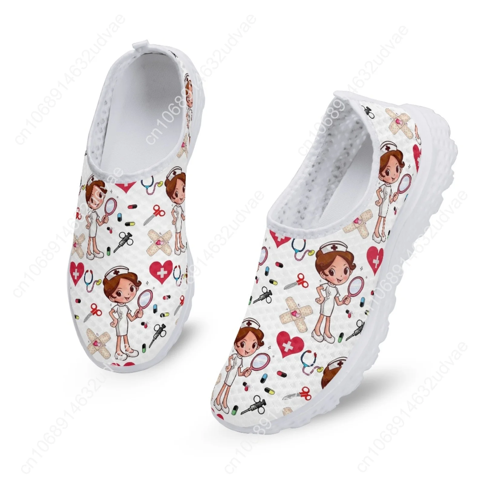 White Flats Women Nurse Cute Cartoon Nurse Women Sneakers Comfortable Breathable Loafers Casual Mesh Walking Shoes