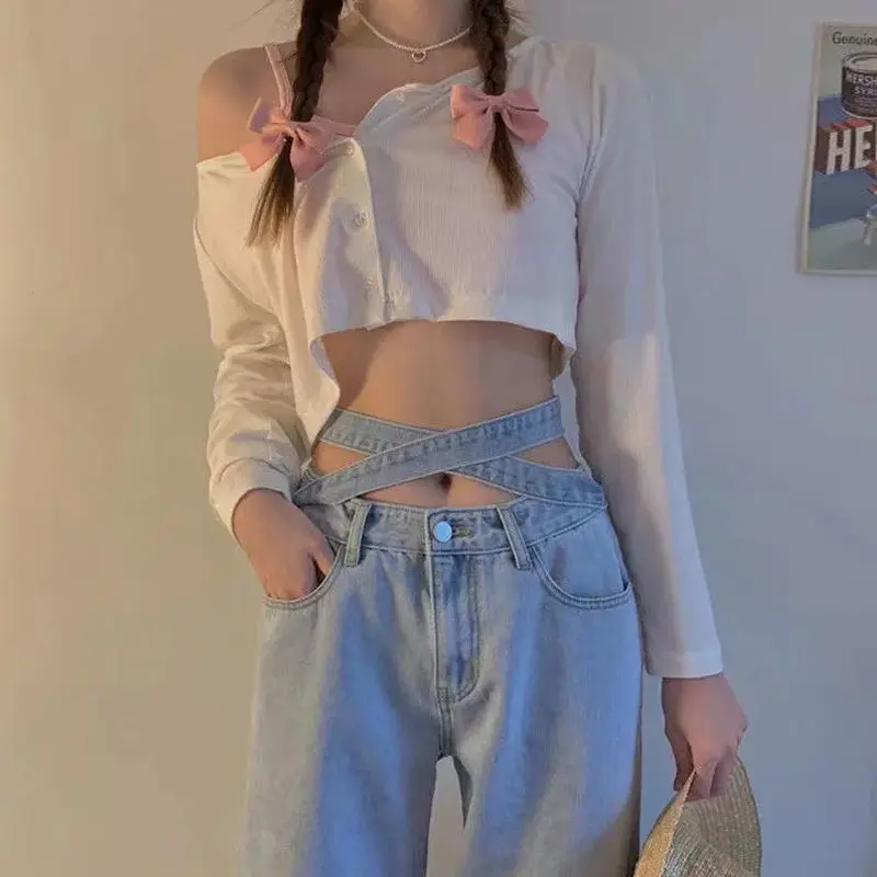 

Y2K Summer Jeans For Women Clothing High-Waist Straight Jeans Trousers Hot Girly Sexy Hollow Out Lace-Up Slacks Korean Fashion