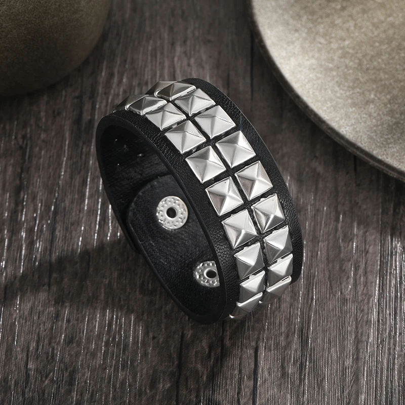 Bracciale Da Uomo Di Pelle In Cuoio Nero Braccialetto Catena Punk - Foto 13
