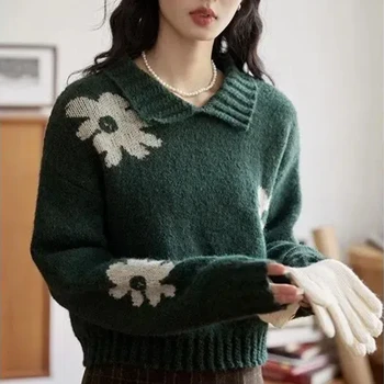 French Style Vintage Autumn Winter New Women Sweaters Pullovers Lapel Jacquard Weave Fashion Loose Thicken Long Sleeve Knit Tops 1