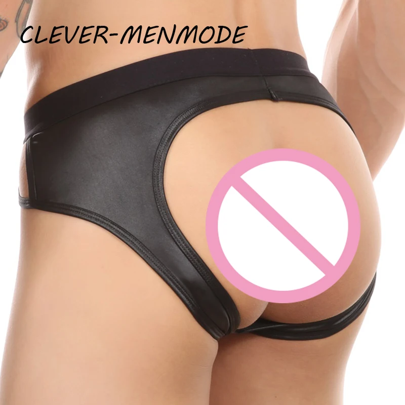 Men's Sexy PU Underwear Faux Leather Briefs U Convex Thong Bulge Penis Pouch Backless Bikini Open Butt Jockstrap Fetish Lingerie