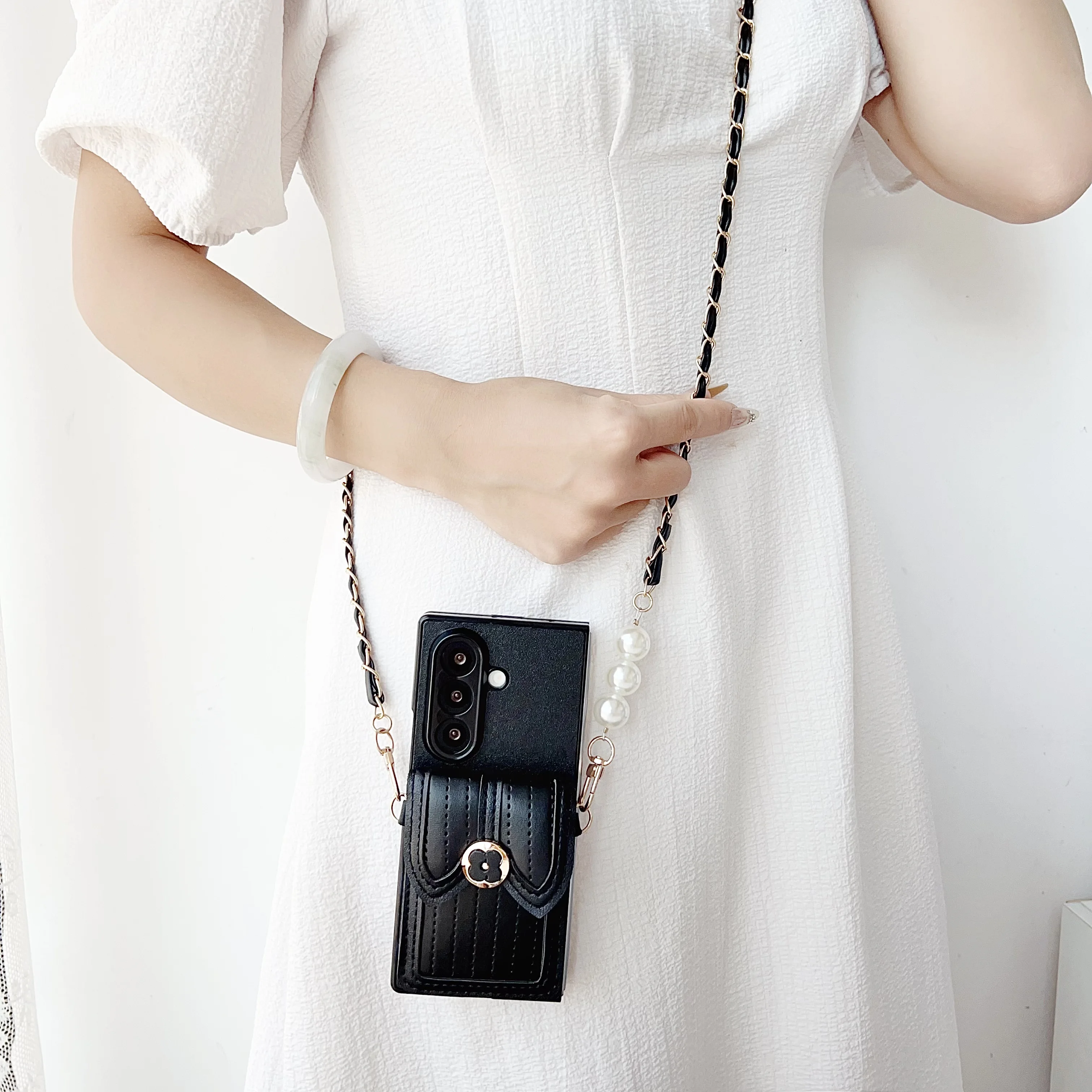 Luxury Pearl Rope Crossbody Leather Card Holder Case – High-End Protective Shell