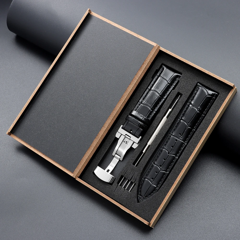 Premium Genuine Leather Watch Band with Wooden Box and Butterfly Clasp - Multiple Sizes Available
