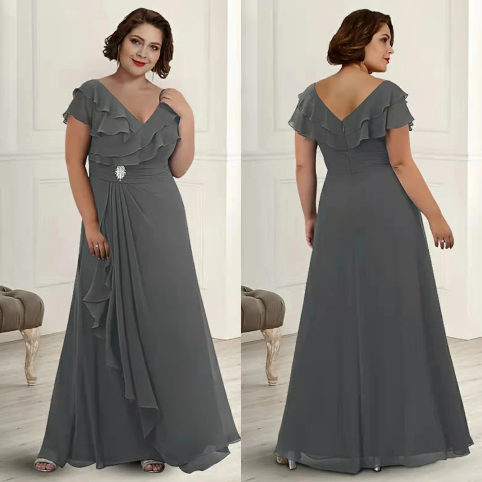 

Long Beaded Lace Mother of the Bride Dresses With Ruffles A-Line Chiffon Floor Length Mother of the Groom Dress for Women
