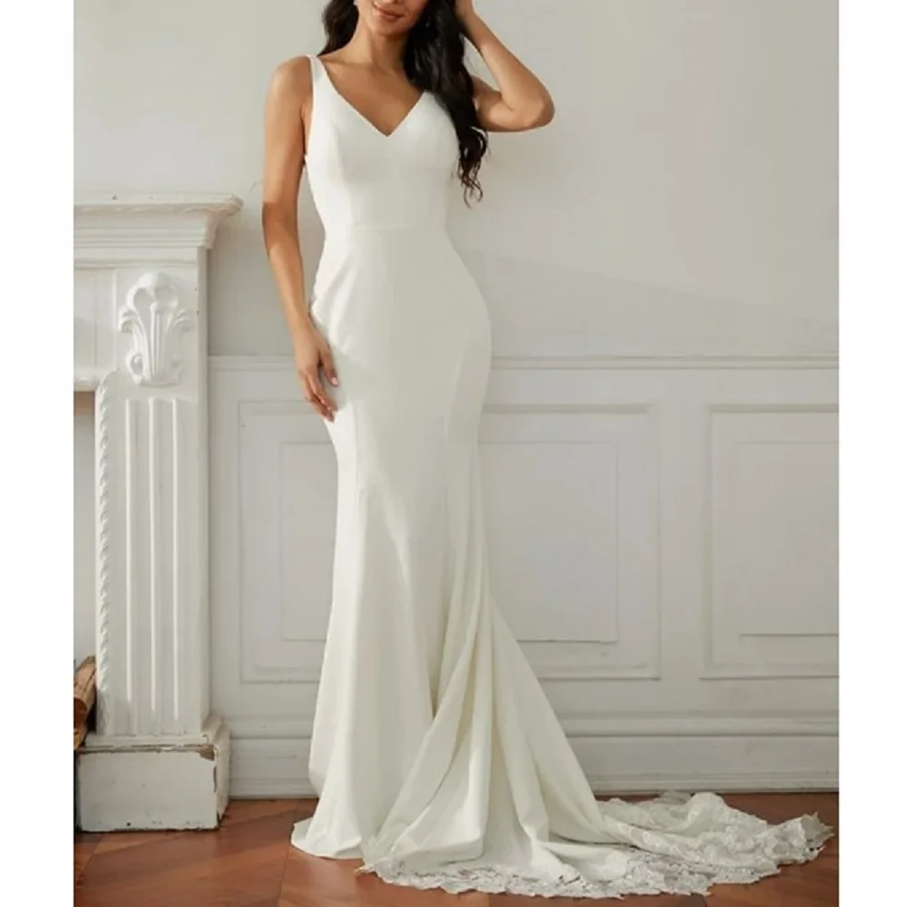 

Ramanda Modern V-Neck Lace Appliques Wedding Dress For Women Elegant Backless Mermaid Bridal Party Gowns Sweep Train