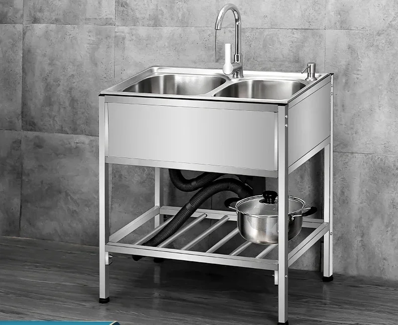 Modern Double Basin Kitchen Sink for Dining Room Reinforced Bracket Metal Sinks Simple Floor Standing Kitchen Sinks for Home