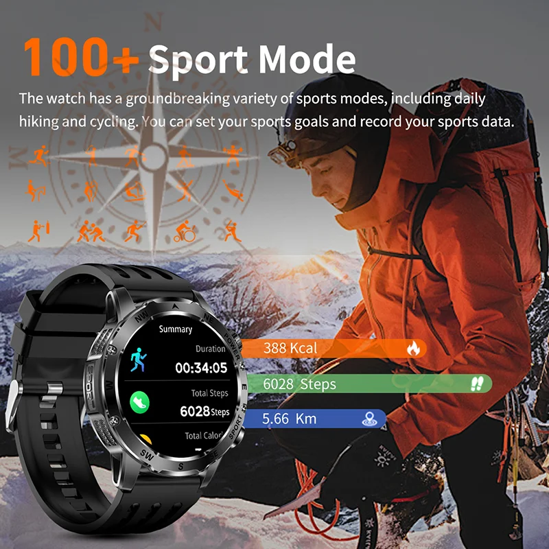 Reloj inteligente deportivo para hombre con batería de gran capacidad de 800 mAh, brújula, linterna LED, Bluetooth y función de llamada. Regalo ideal para hombres y mujeres._voghion.com