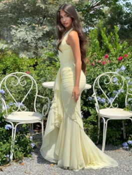 Women Neck Ruched Sexy Yellow Halter Maxi Dress Deep V-neck Asymmetric Ruffle Hem Bodycon Vestidos Lady Garden Party Robes 2026 1