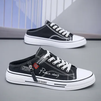 Trend Designers Men's Half Slippers Summer Man Vulcanized Shoes Non Slip Wear Resistant Canvas Shoes Shallow Mouth Shoes for Men 1
