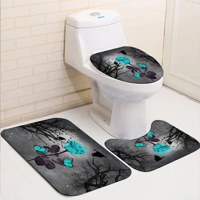 Rose Flower Shower Curtain Set Non-Slip Rugs Bath Mat Toilet Lid Cover and 12 Hooks Waterproof Polyester Bathroom Decor H-Bath Rug Mat-3Pcs