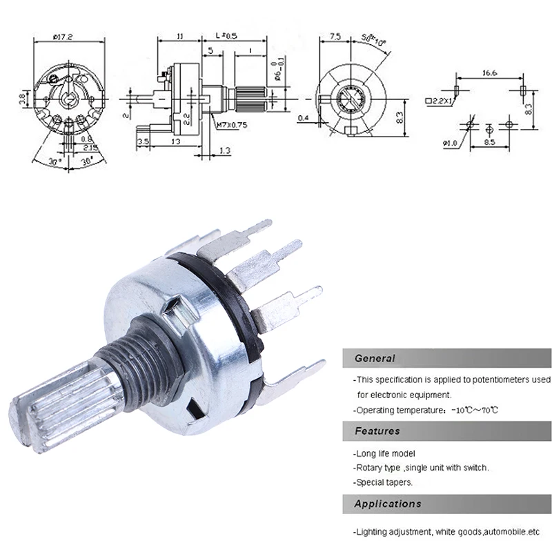 5Pcs RV17 With Switch Potentiometer B1K 2K 5K 10K 20K 50K Handle Length 15mm 5Pin Switch Carbon Film Potentiometer multiturn potentiometer linear potentiometer rotary potentiometer potentiometer kit trimmer potentiometer adjustable resistor