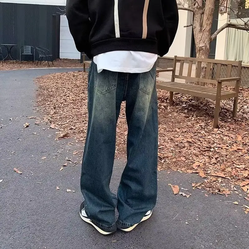 Loose straight tube retro distressed washed blue jeans fashion men's wide leg pants baggy jeans men clothing  jeans for men