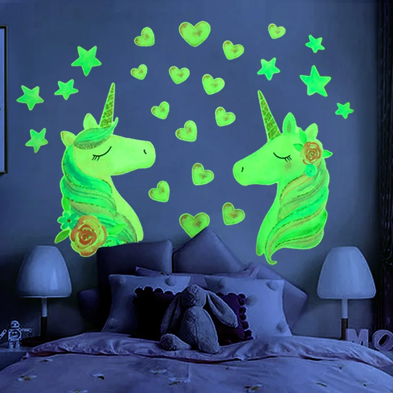 Description Picture 5 of itemCartoon Luminous Unicorn Wall Stickers Kids Room Home Decoration Glow In The Dark Wall Decals Fluorescent Stars Stickers Unicorn