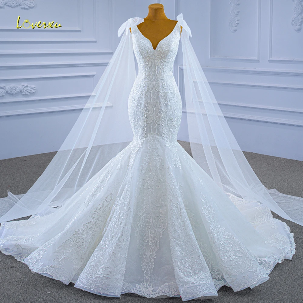 

Loverxu Mermaid Classic Wedding Dresses 2023 V-Neck Sleeveless Ribbon Vestido De Novia Appliques Elegant Trumpet Robe De Mariee