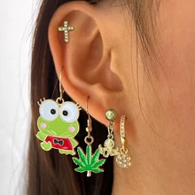 

New Cute Cartoon Enamel Animal Frog Drop Earring Set For Women Green Maple Leaf Crystal Cross Dangle Earring Bohemia Y2k Jewelry