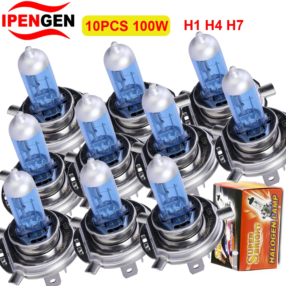 

10Pcs 100W Super White Halogen Bulbs H1 H4 H7 Headlamps Kit 12V 6000K Car Auto Lamps Xenon Super Bright Car Headlight Led Bulb