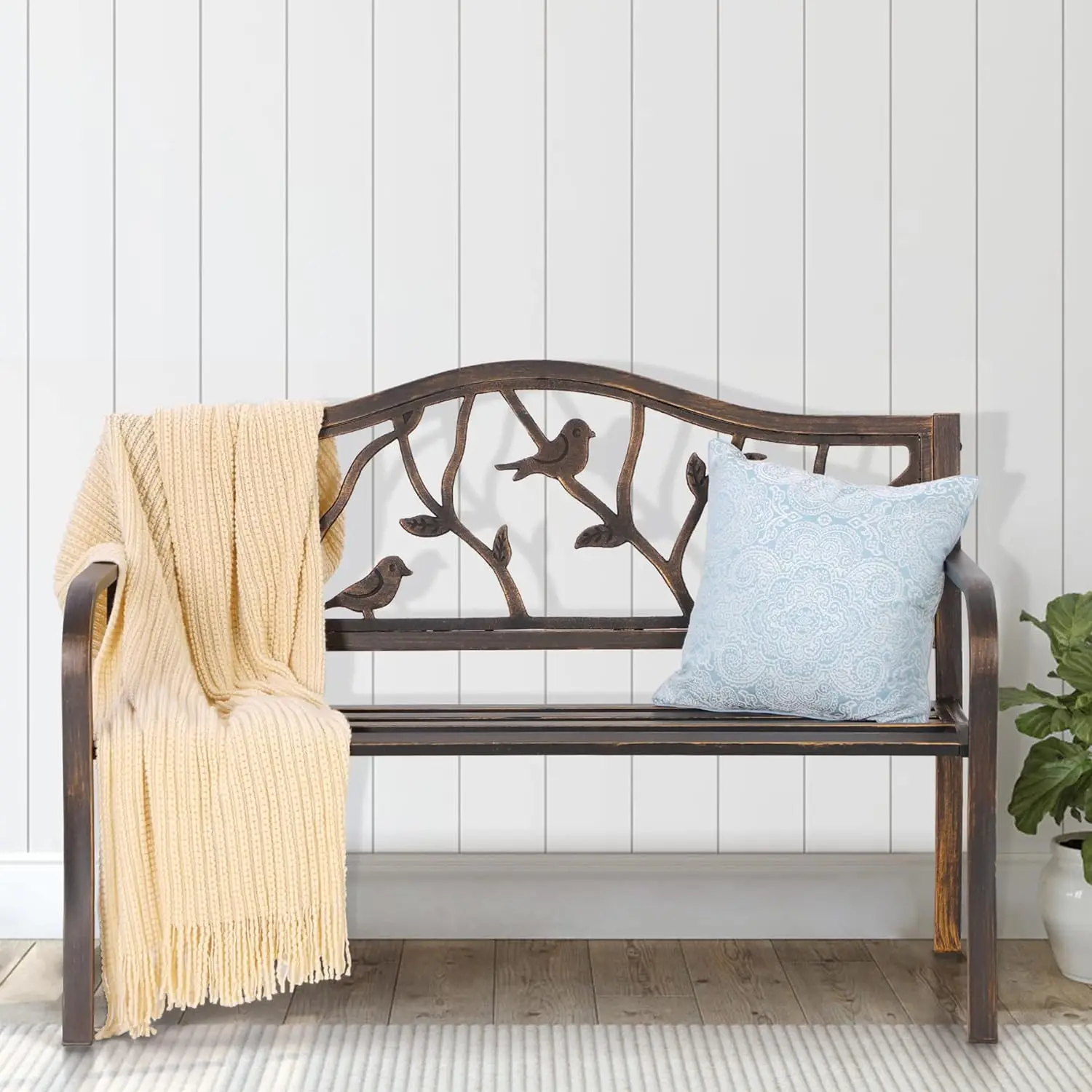 

MFSTUDIO 50" Outdoor Garden Bench,Patio Metal Frame Park Bench with Bird Pattern Backrest for Porch