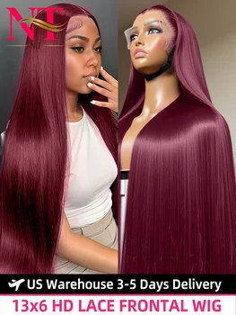 99J Red Burgundy Colored Lace Frontal Human Hair Wigs 13X6 HD Straight Lace Front Wig250 Density Pre Plucked Human Hair Wig 1