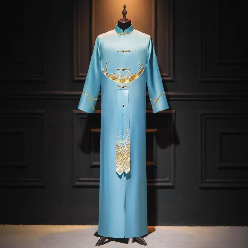 Chinese Trend Host Gown Wedding Bridegroom Best Man Dress Crosstalk Performance Coat Gown China Button Mandarin Robe Clothing