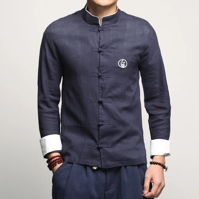 

2023 Men Chinese Style Hanfu Shirt Mens Tops Tang Suit Linen Solid Traditional Kung Fu Shirts Male Cotton Long-sleeved Shirts