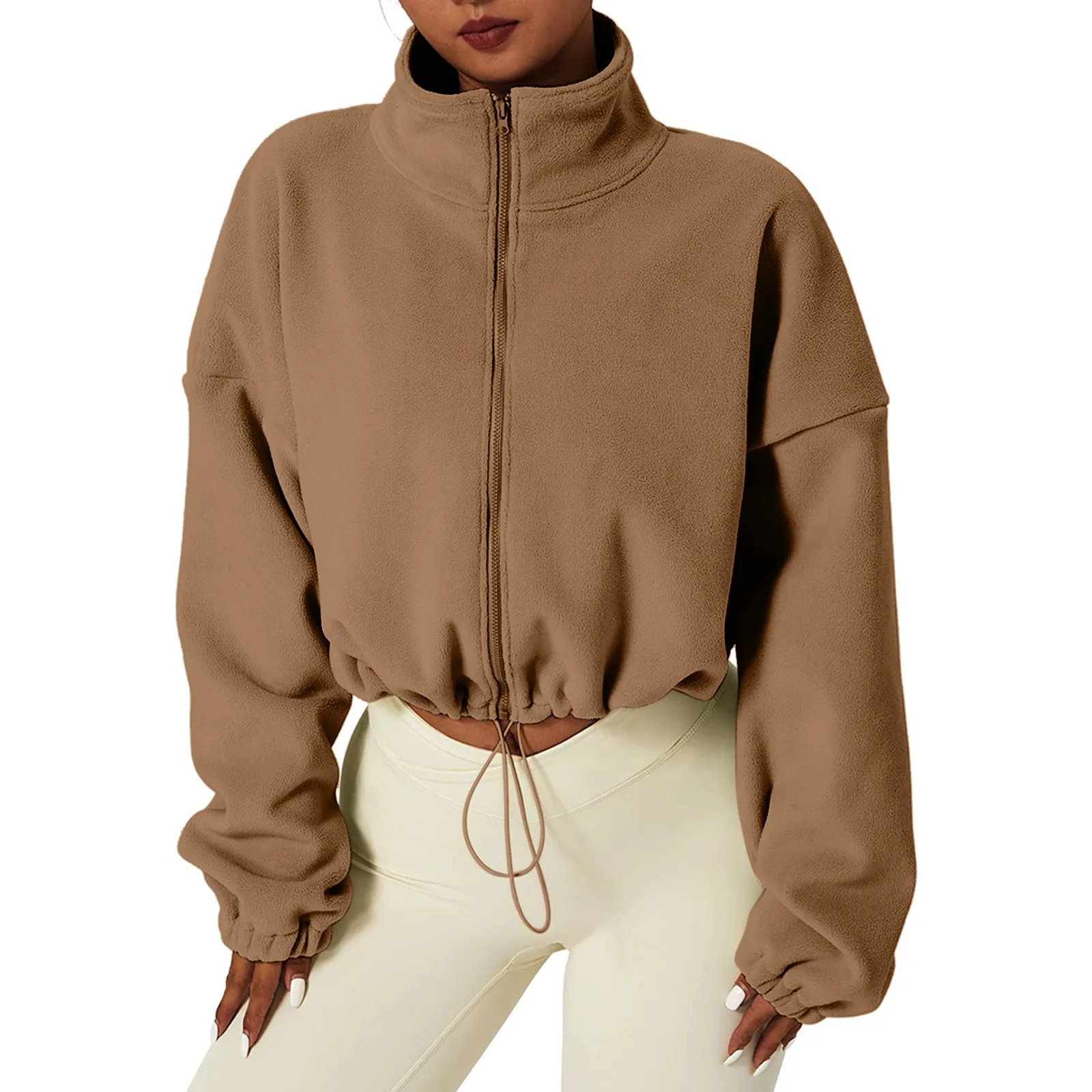 

Women's Fleece Sweatshirt Oversized Zip Up Crop Jacket Winter Long Sleeve Stand Collar Workout Coat Anorak Jacket Harajuku Kpop