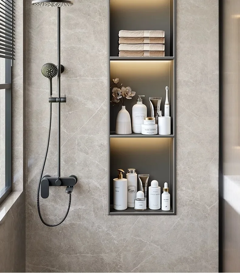 304ステンレススチールシャワー - ホテル＆家庭用バスルーム収納用埋め込み式壁掛けナイザーラック、ビルトインキャビネット、ブラック  ステンレススチール 製埋め込み式シャワー - 防水壁取り付け式バスルームナイザー タイル不要 アパートやホテルのトイレに最適 グレー ... シャワーニッチ、単層シャワーニッチ、12.5インチ x 12.5インチ x 4.9インチの正方形埋め込み式シャワーシェルフ、モダンな