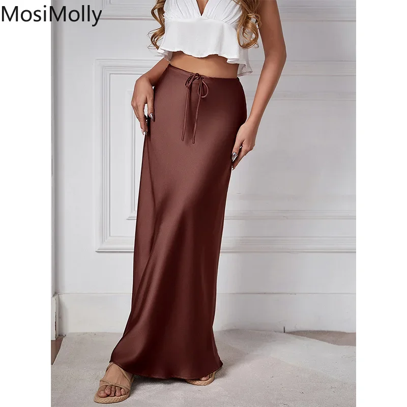OL Skirt Satin Women 2024 Drawstring Tie Long Skirt A line Bottom Skirt