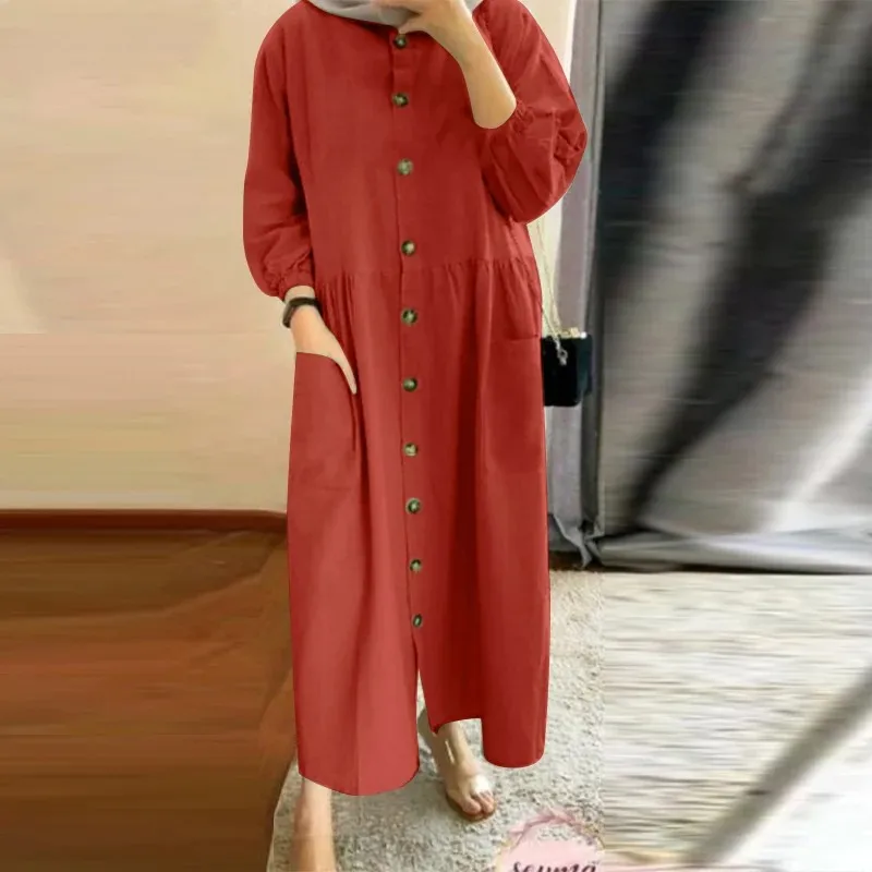 2025 Luxury Fashion Muslim Women's Retro Casual Cardigan with Pocket Bohemian Dress Round Neck Bubble Sleeves Loose Sun Skirt 4